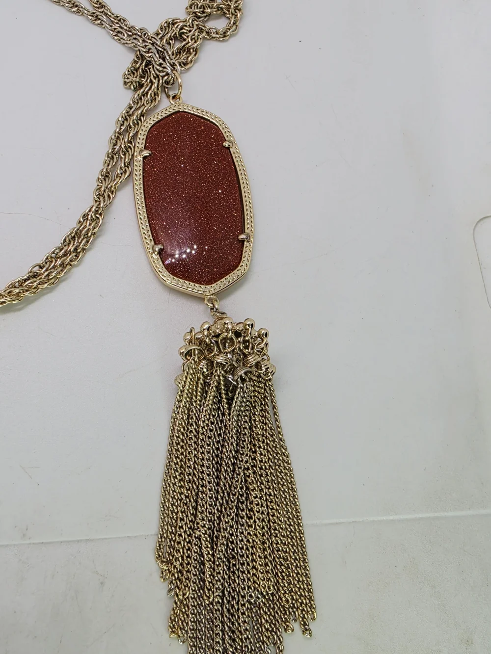 Kendra Scott Rayne Long Tassel Pendant Necklace Gold Tone Goldstone Sparkle